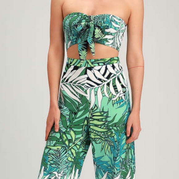 Green tropical print two piece jumpsuit - Picture 3 of 3